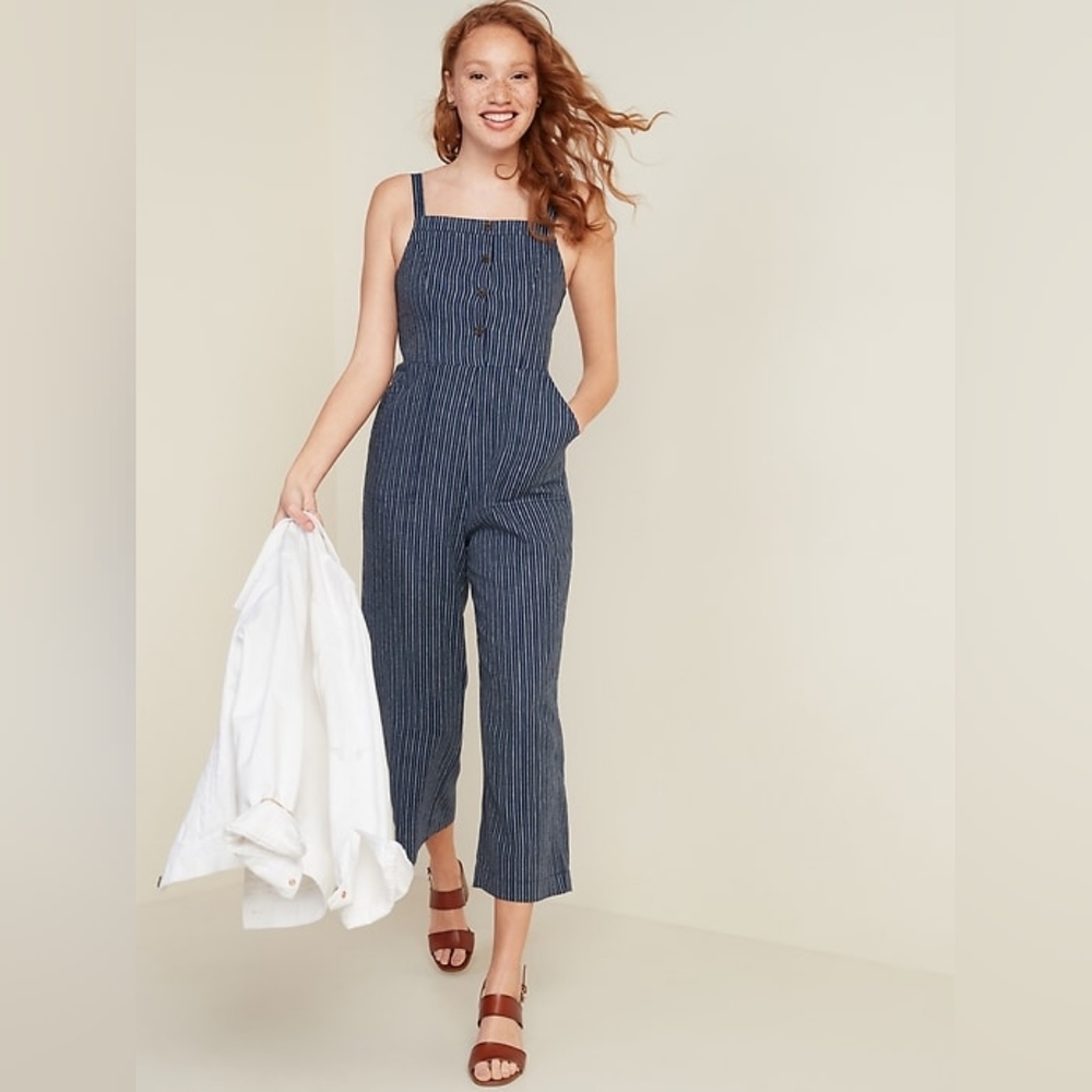 Old Navy Blue Button-Front Linen-Blend Striped Cami Jumpsuit